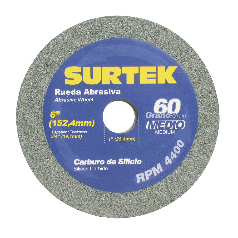 Rueda abrasiva de carburo de silicio verde grano 60, 6" x 3/4" Surtek