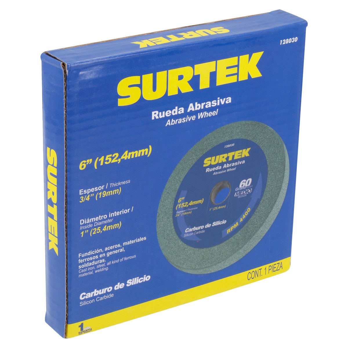 Rueda abrasiva de carburo de silicio verde grano 60, 6" x 3/4" Surtek - Imagen 2