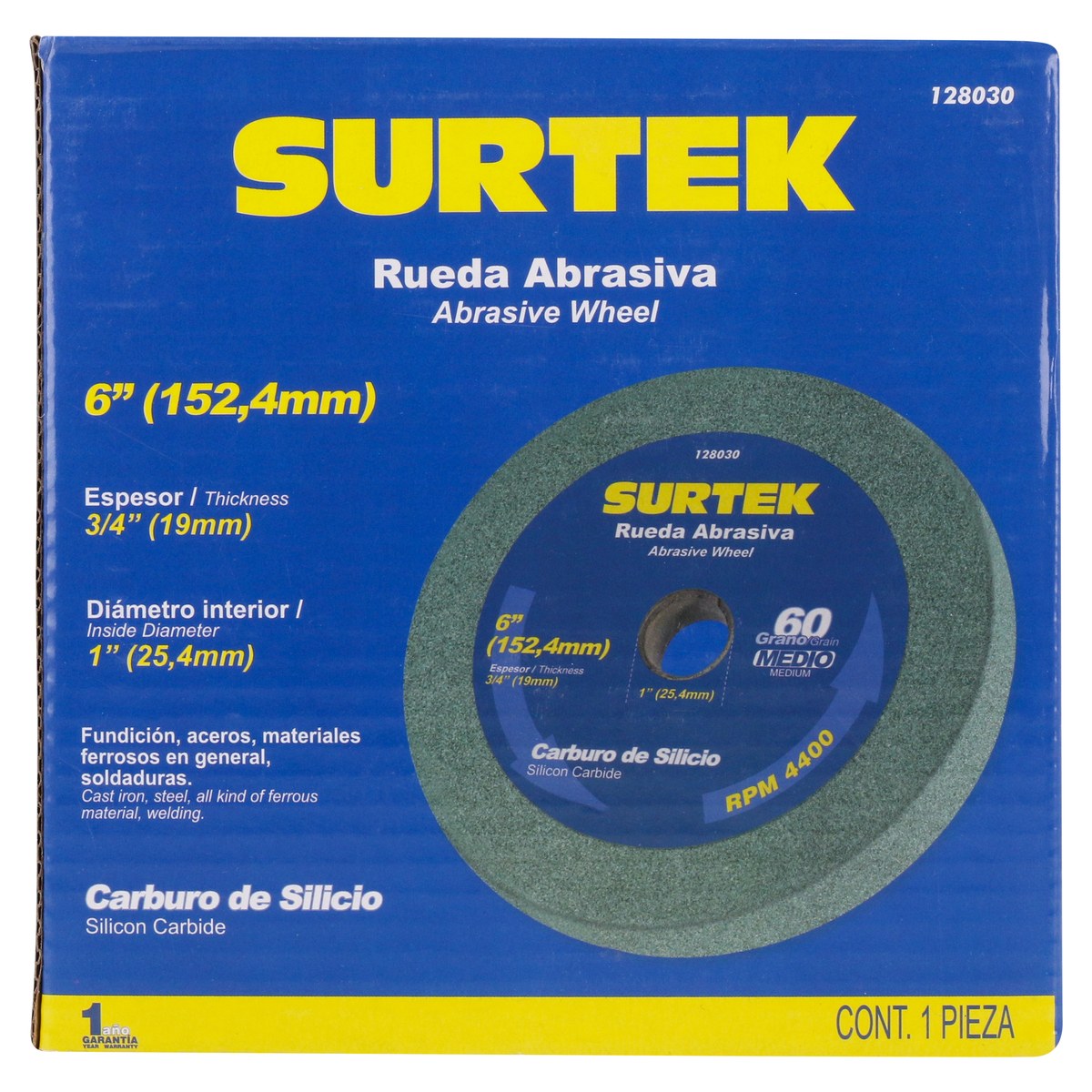 Rueda abrasiva de carburo de silicio verde grano 60, 6" x 3/4" Surtek - Imagen 3