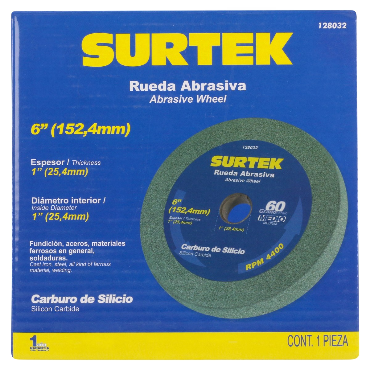 Rueda abrasiva de carburo de silicio verde grano 60, 6" x 1" Surtek - Imagen 3