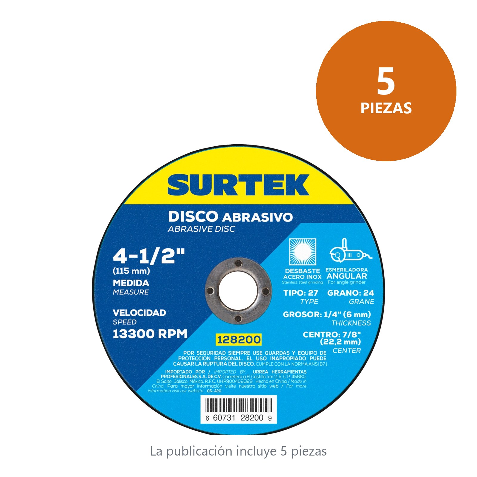 Disco abrasivo tipo 27 para metal 4-1/2" x 1/4" Surtek - Imagen 2