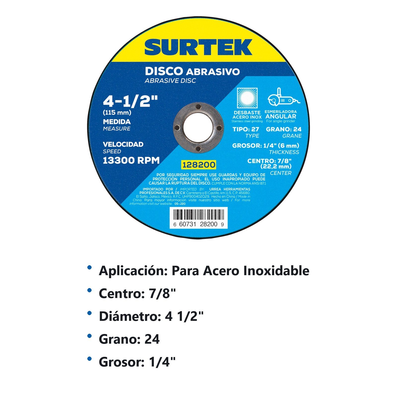 Disco abrasivo tipo 27 para metal 4-1/2" x 1/4" Surtek - Imagen 3