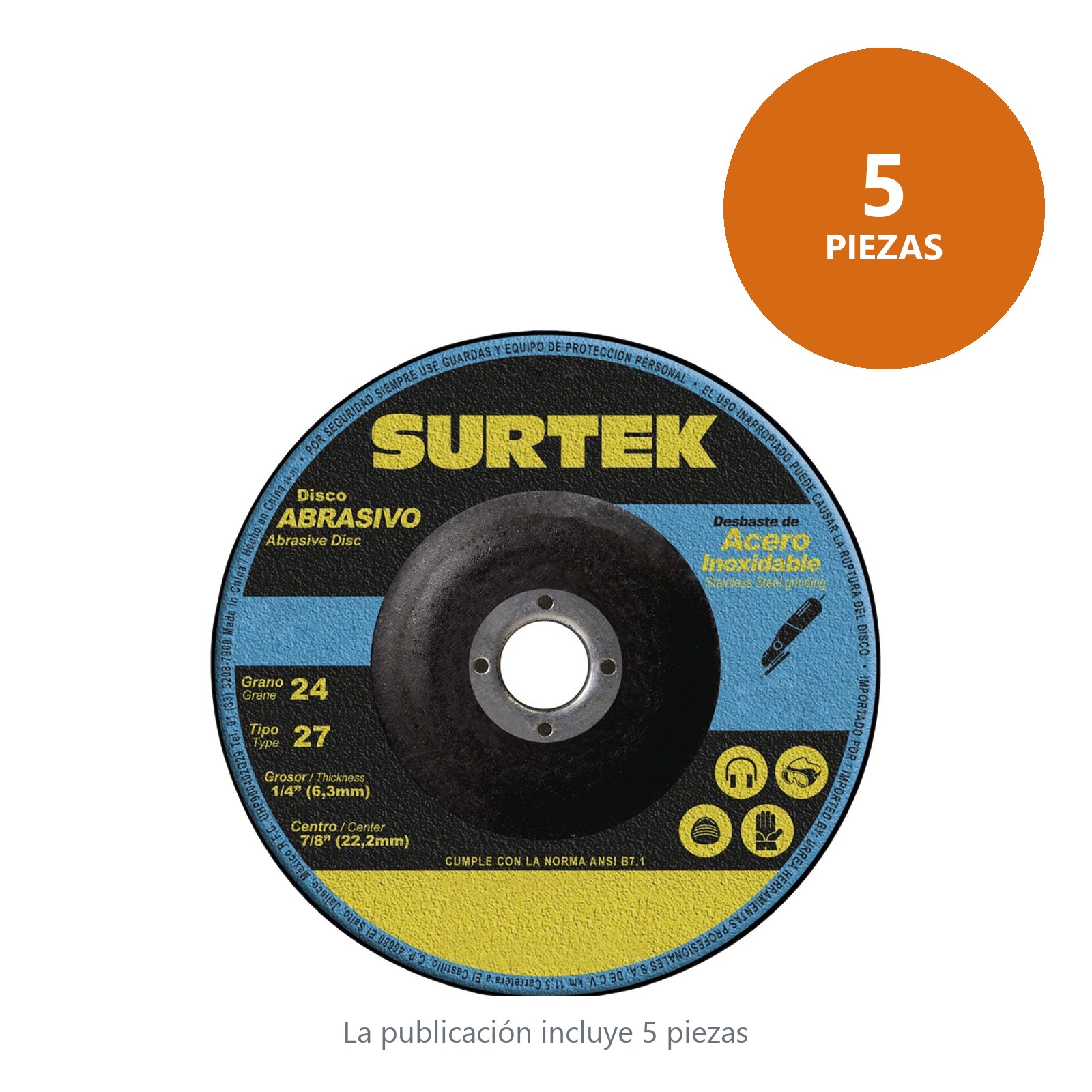 Disco abrasivo tipo 27 para metal 7" x 1/4" Surtek - Imagen 2