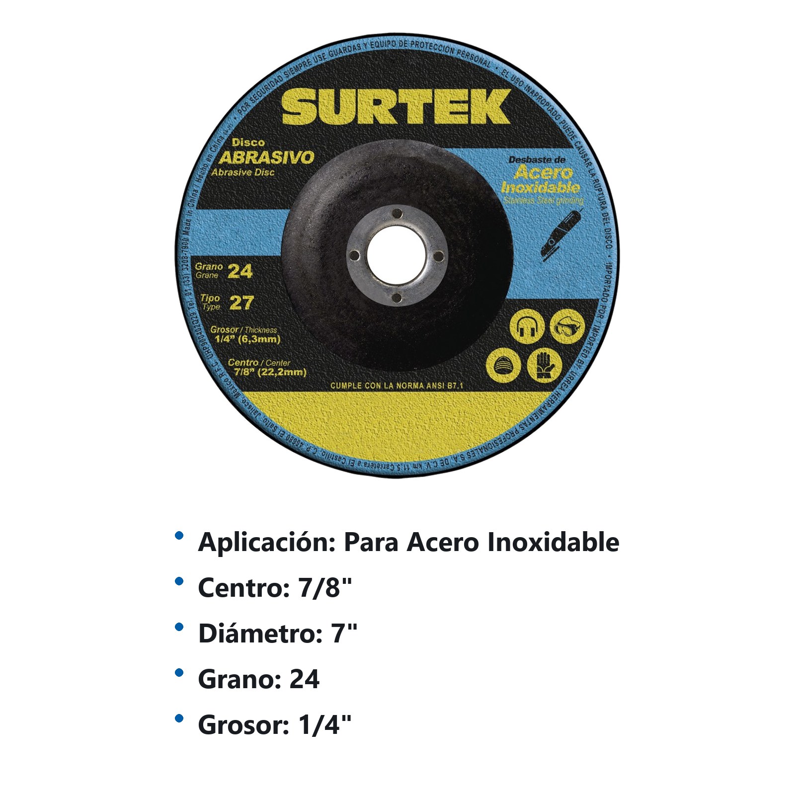 Disco abrasivo tipo 27 para metal 7" x 1/4" Surtek - Imagen 3