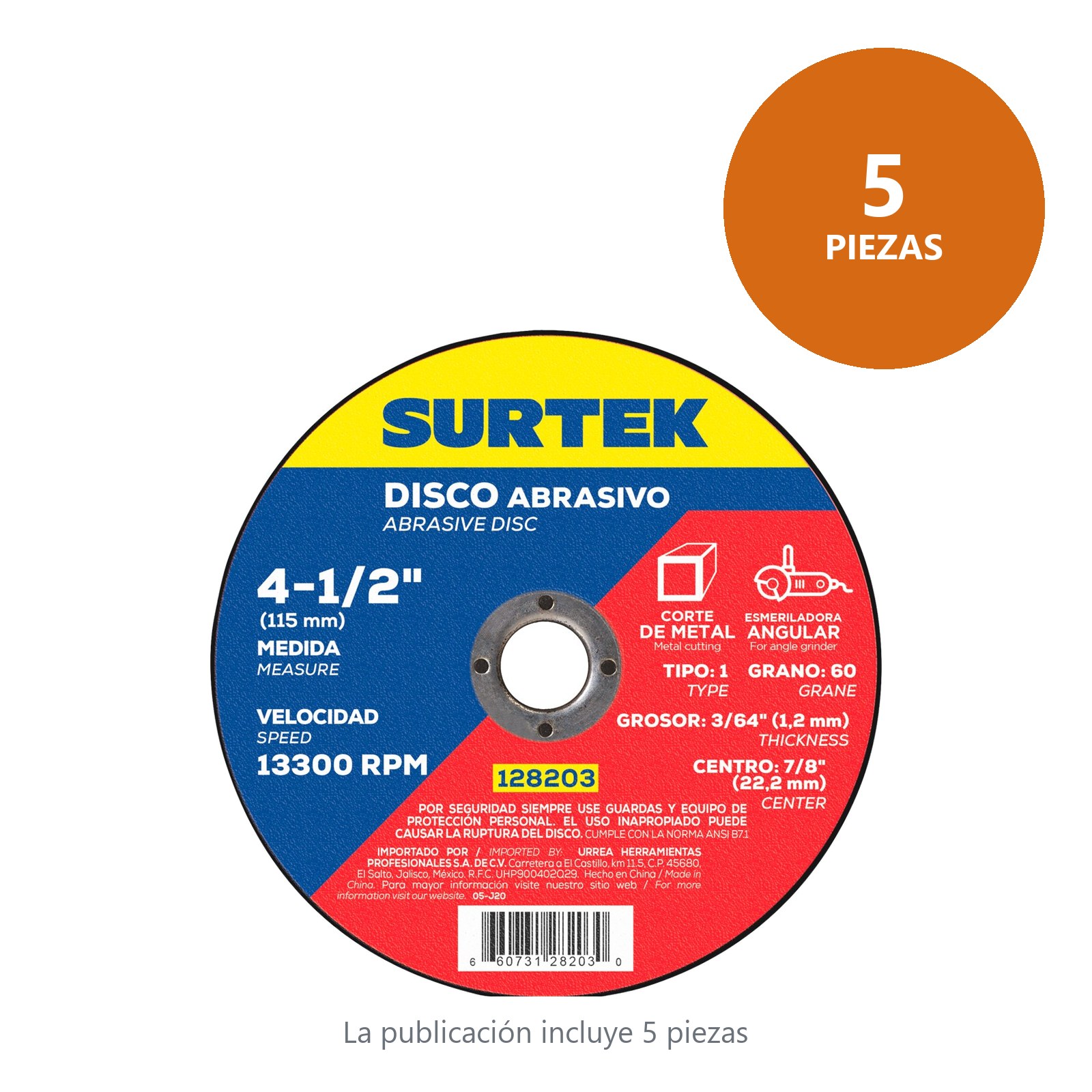 Disco abrasivo tipo 1 para metal 4-1/2" x 1.2 mm Surtek - Imagen 2