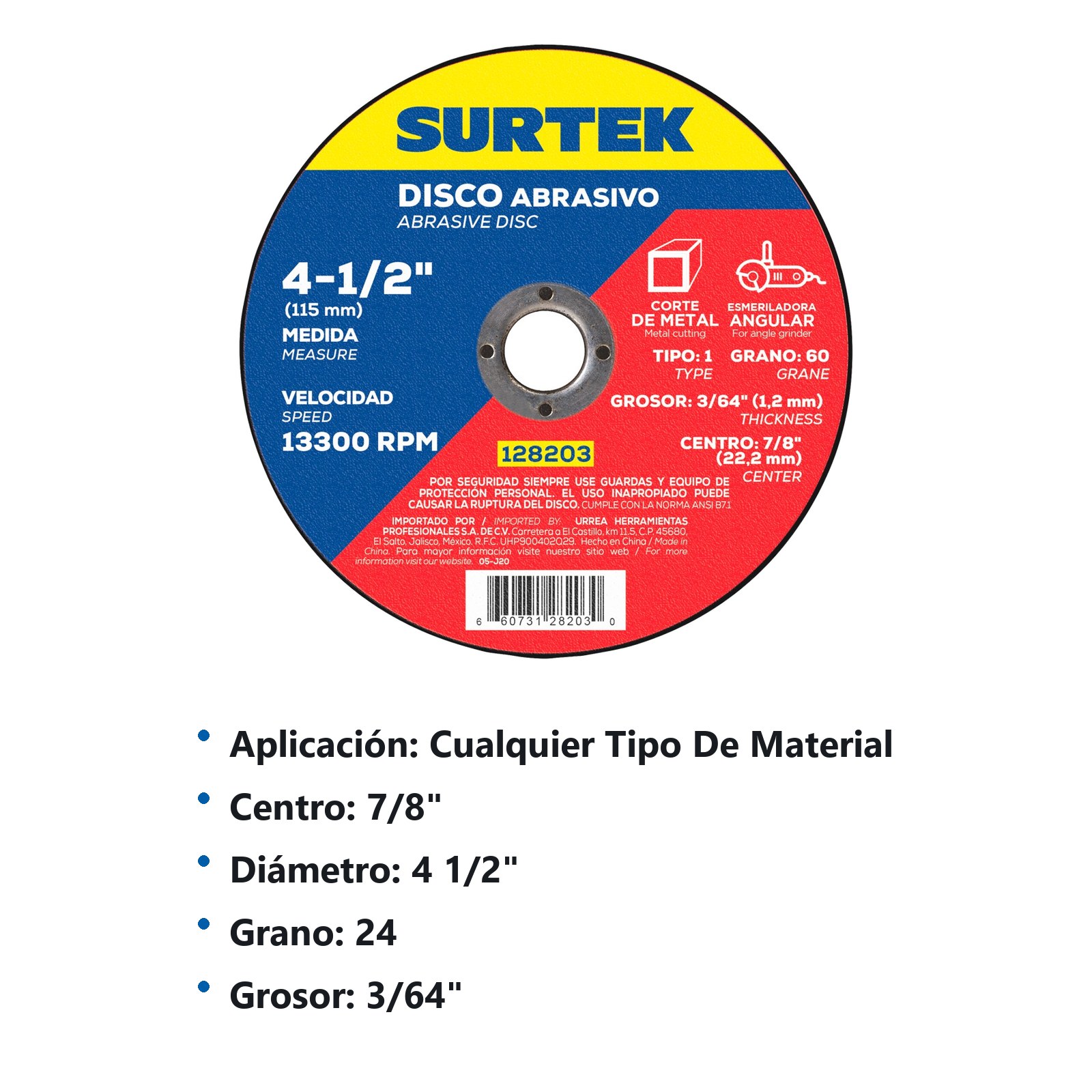 Disco abrasivo tipo 1 para metal 4-1/2" x 1.2 mm Surtek - Imagen 3