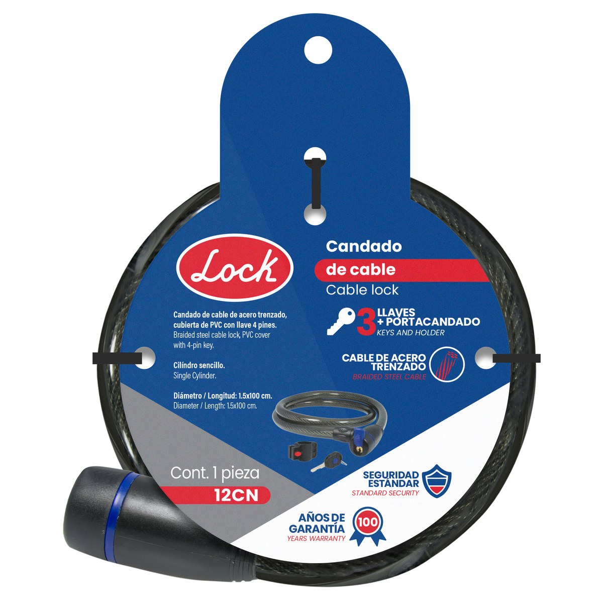 Candado cable con llave estándar 1.5 cm x 1 m Lock - Imagen 2