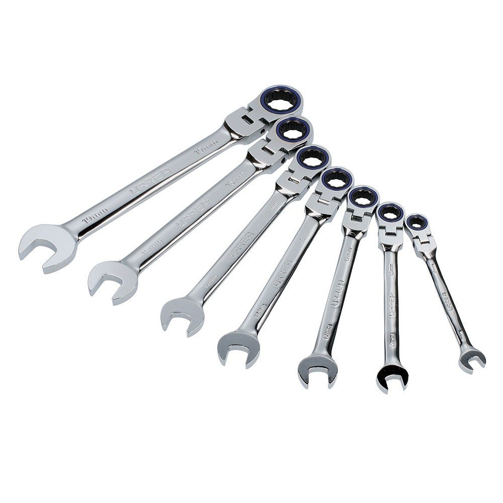 Juego de llaves combinadas pulido espejo de matraca flex mét, 12 puntas,7 pz en rack Urrea