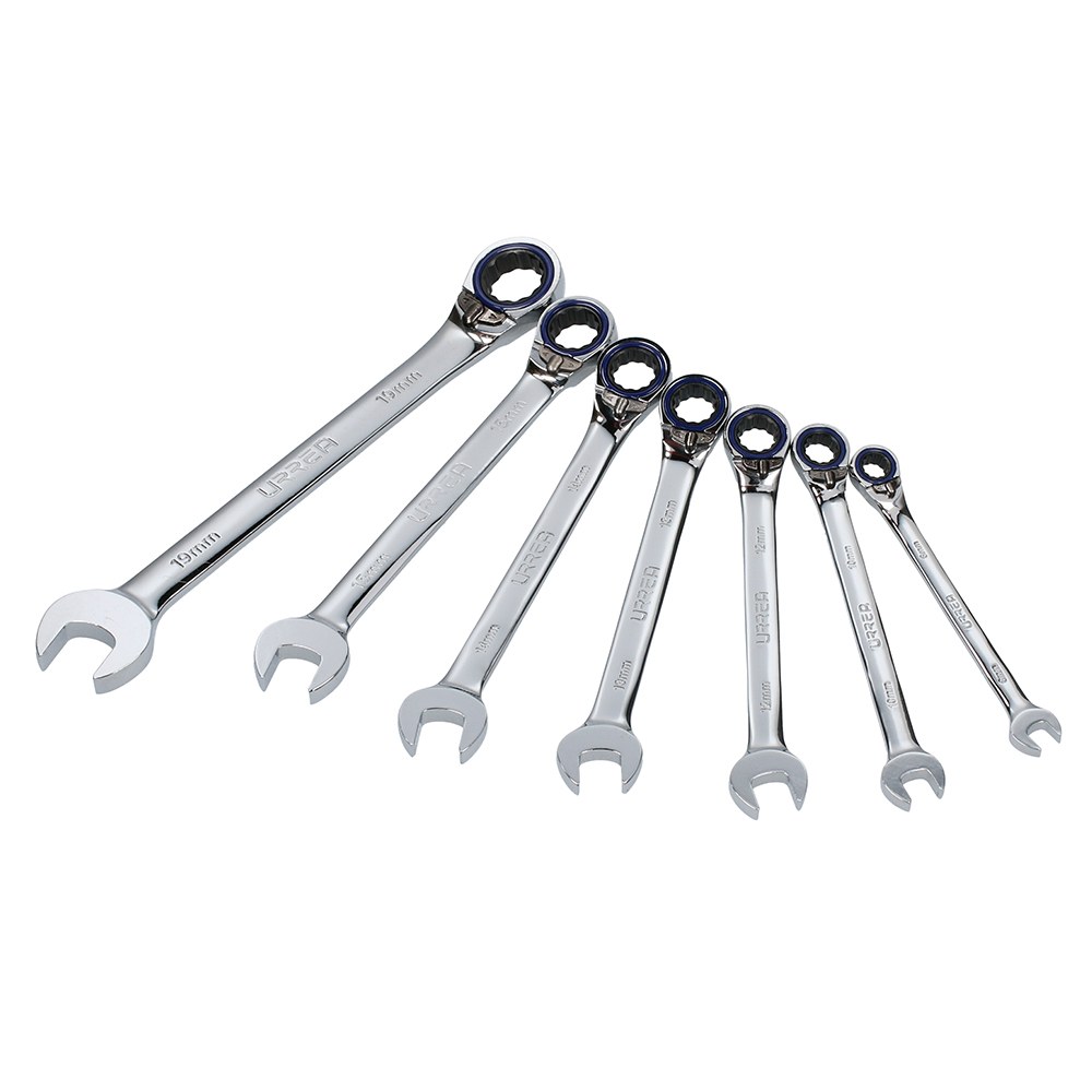 Juego de llaves combinadas pulido espejo de matraca rev mét, 12 puntas,7 pz en rack Urrea