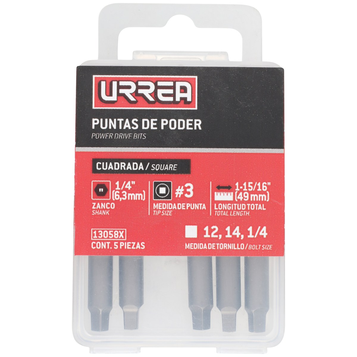 Punta cuadrada de poder hexágono de 1/4", #3 x 1-15/16" Urrea - Imagen 2
