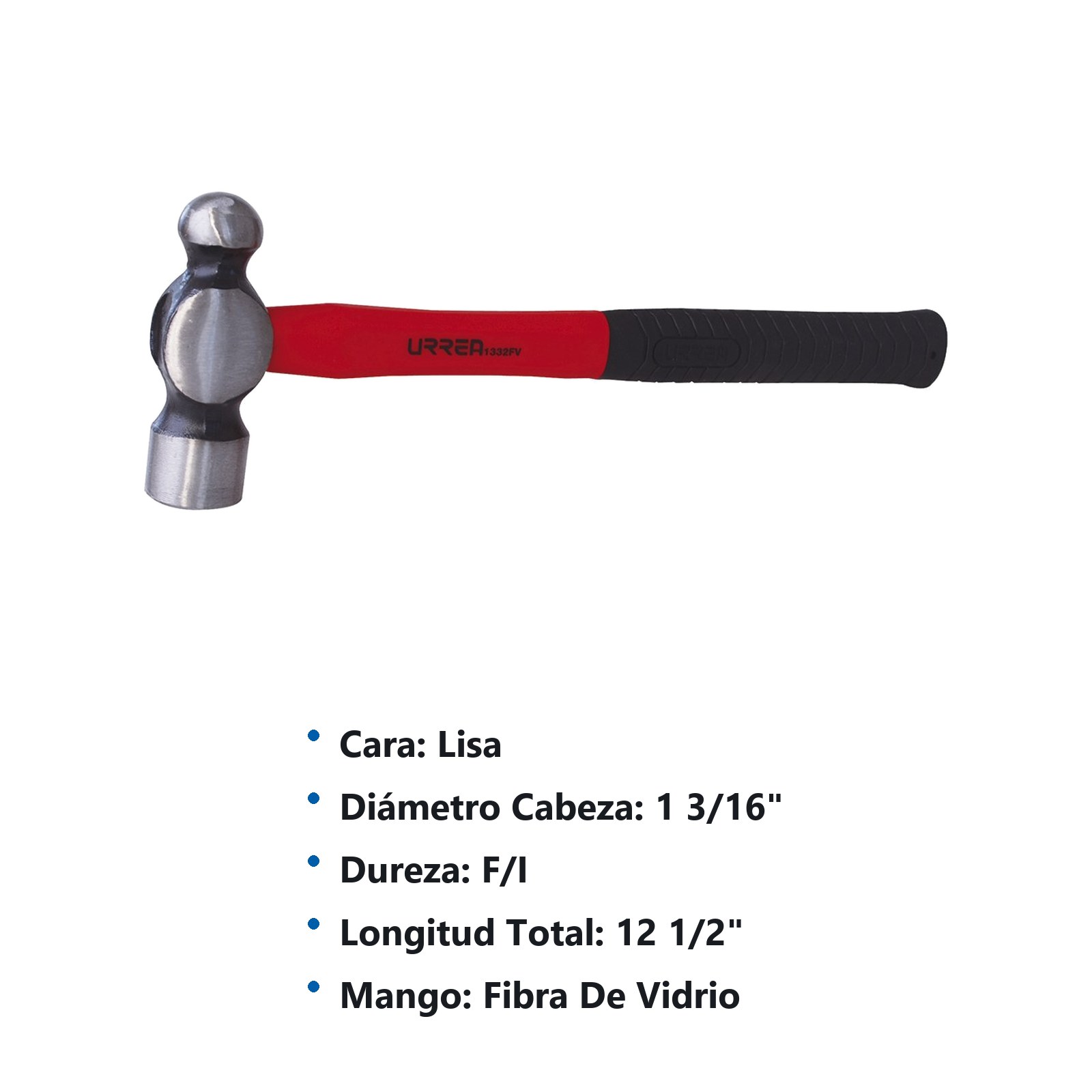 Martillo de bola maquinado con mango de fibra de vidrio largo de 13", 12 oz Urrea - Imagen 2
