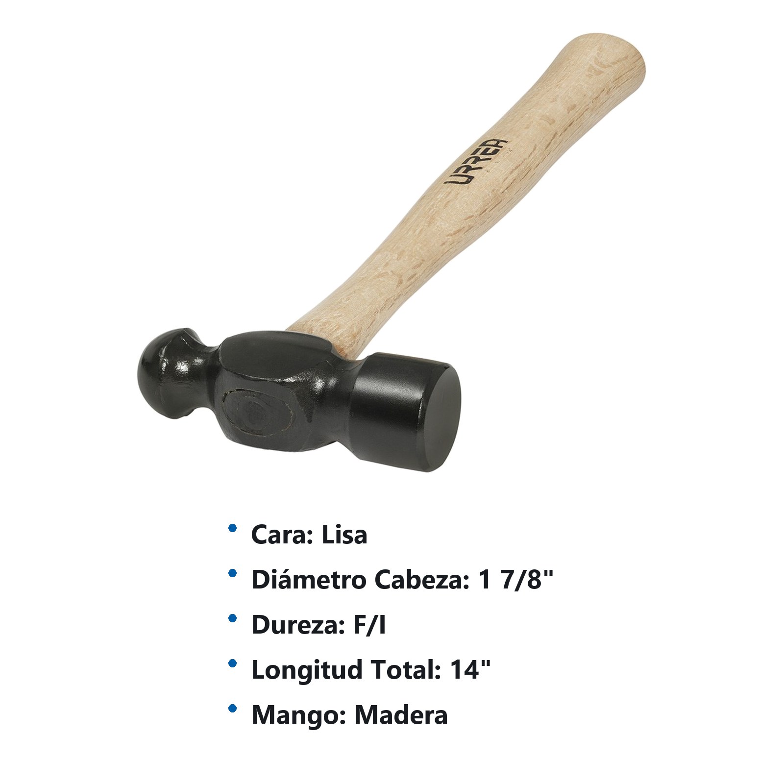 Martillo de bola black con mango de madera de 14", 12 oz Urrea - Imagen 2