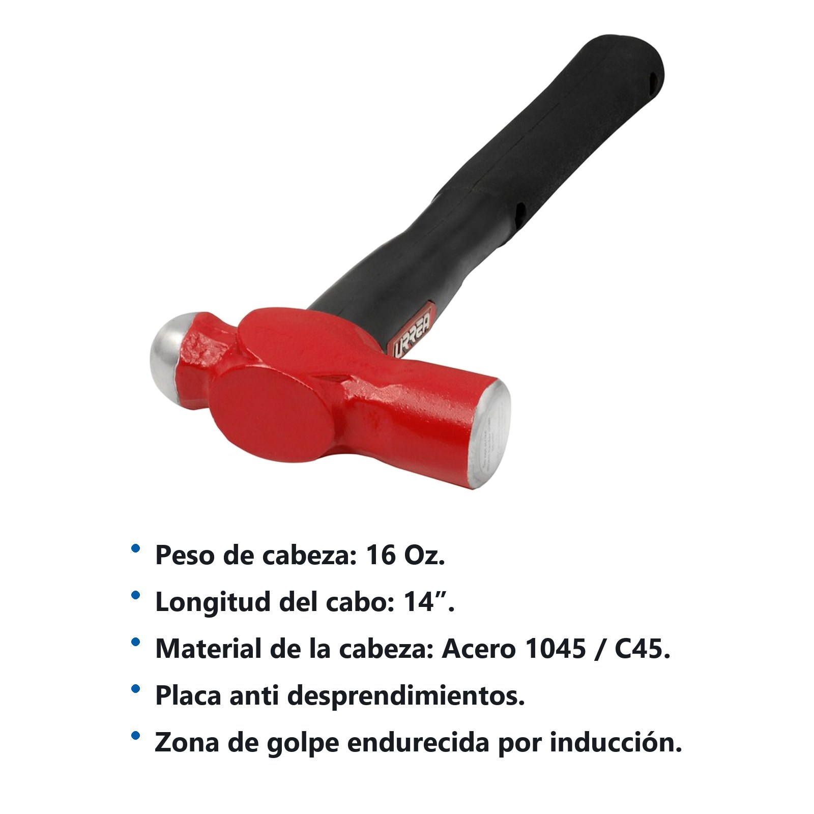 Martillo de bola irrompible con mango Rubber grip de 14", 16 oz Urrea - Imagen 2