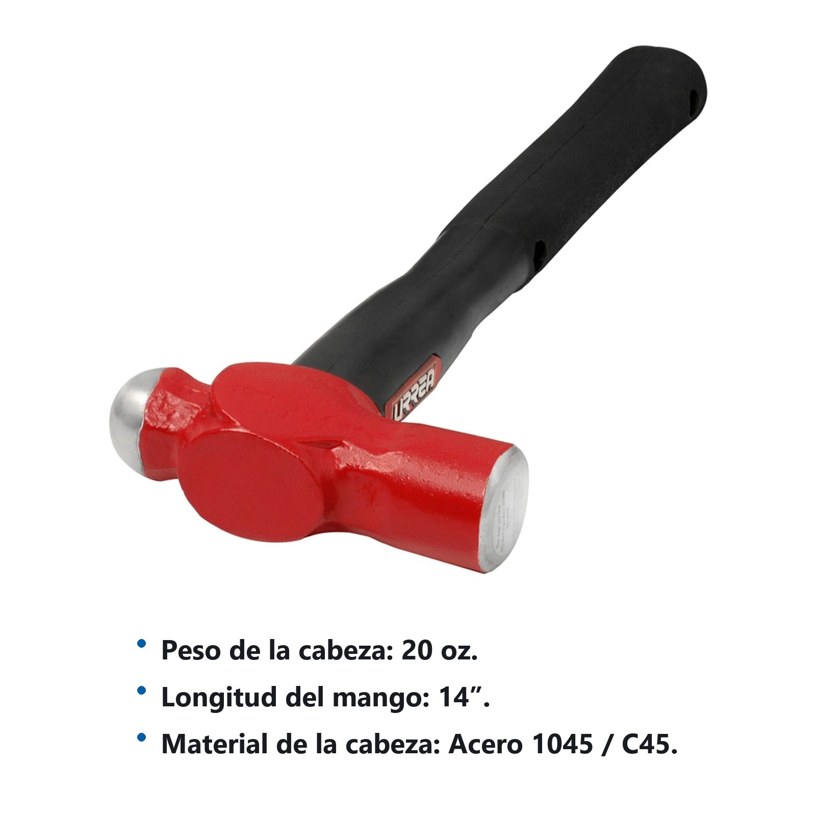 Martillo de bola irrompible con mango Rubber grip de 14", 20 oz Urrea - Imagen 2