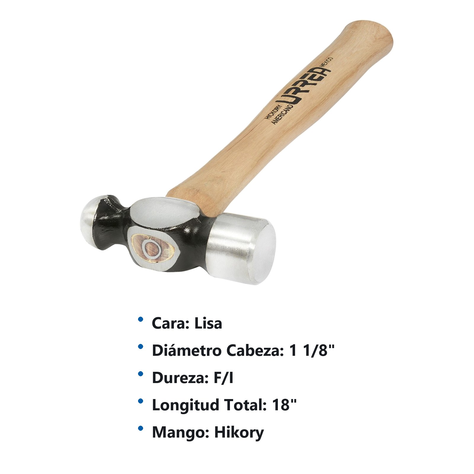 Martillo de bola maquinado con mango de madera de 18", 48 oz Urrea - Imagen 2