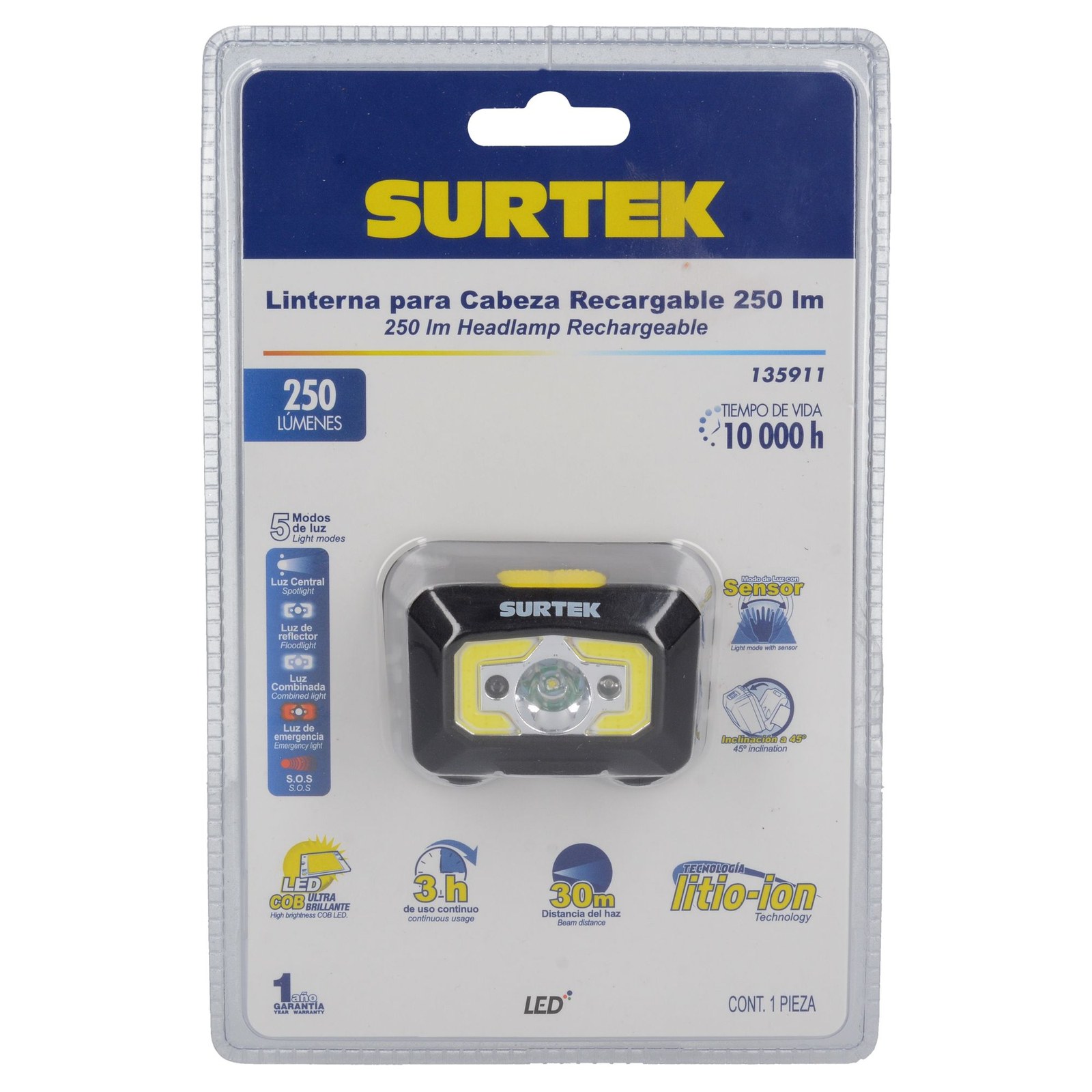 Linterna de LED para cabeza recargable de 250 lm Surtek - Imagen 4