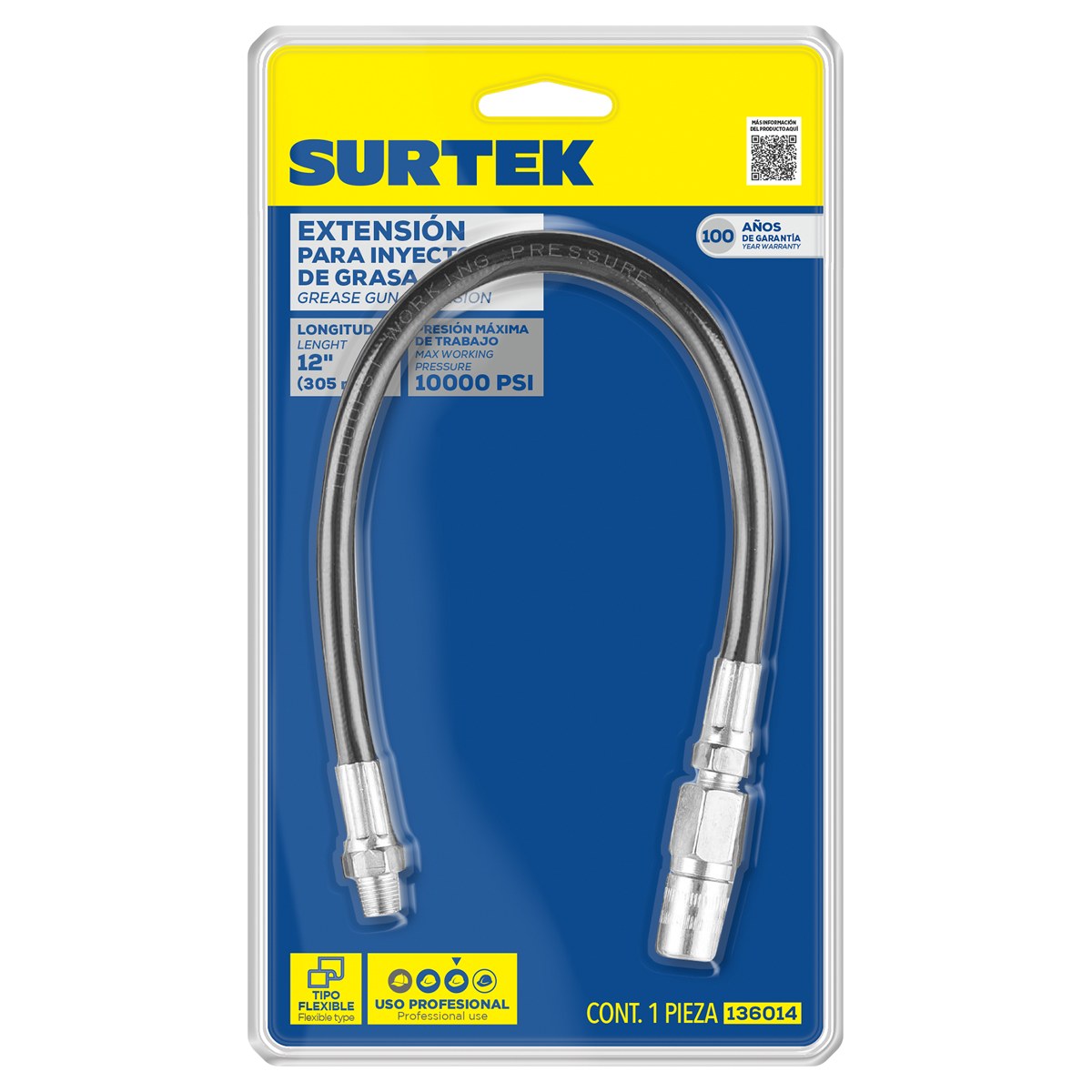 Extensión flexible para inyector de grasa 12" Surtek - Imagen 2