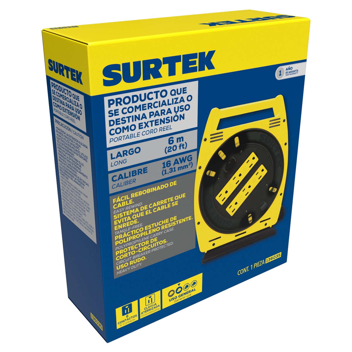 Multicontacto 6 entradas tipo carrete con extensión eléctrica 6 m Surtek - Imagen 3