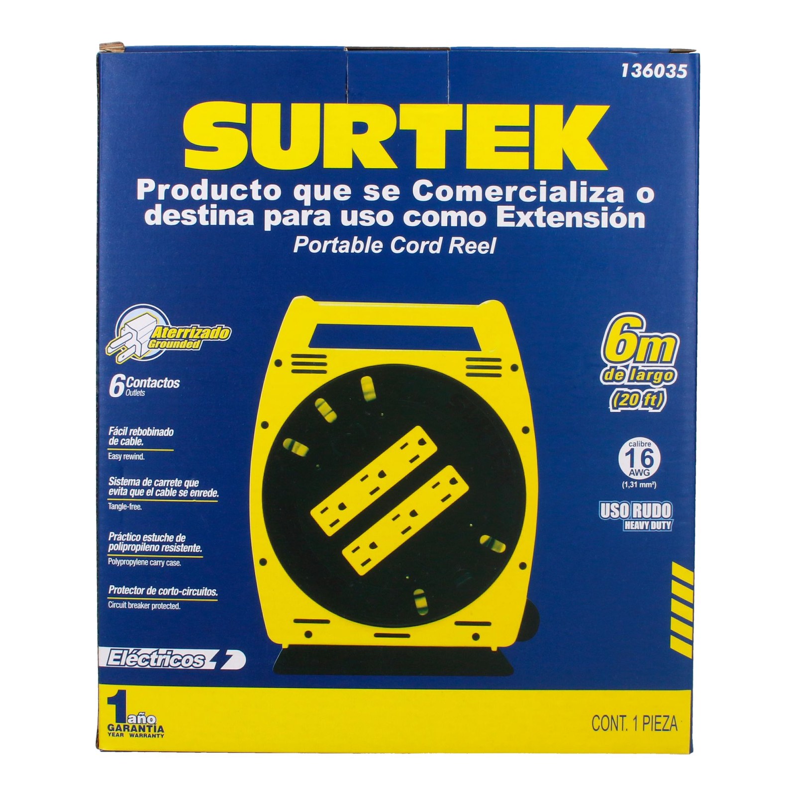 Multicontacto 6 entradas tipo carrete con extensión eléctrica 6 m Surtek - Imagen 4