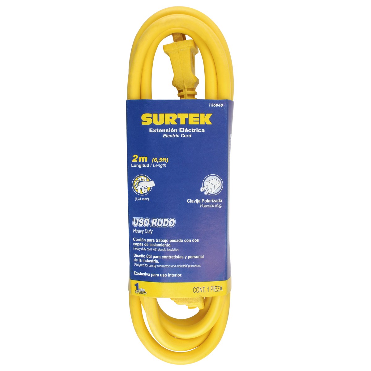 Extensión eléctrica uso rudo polarizada color amarillo, 2 m Surtek - Imagen 2