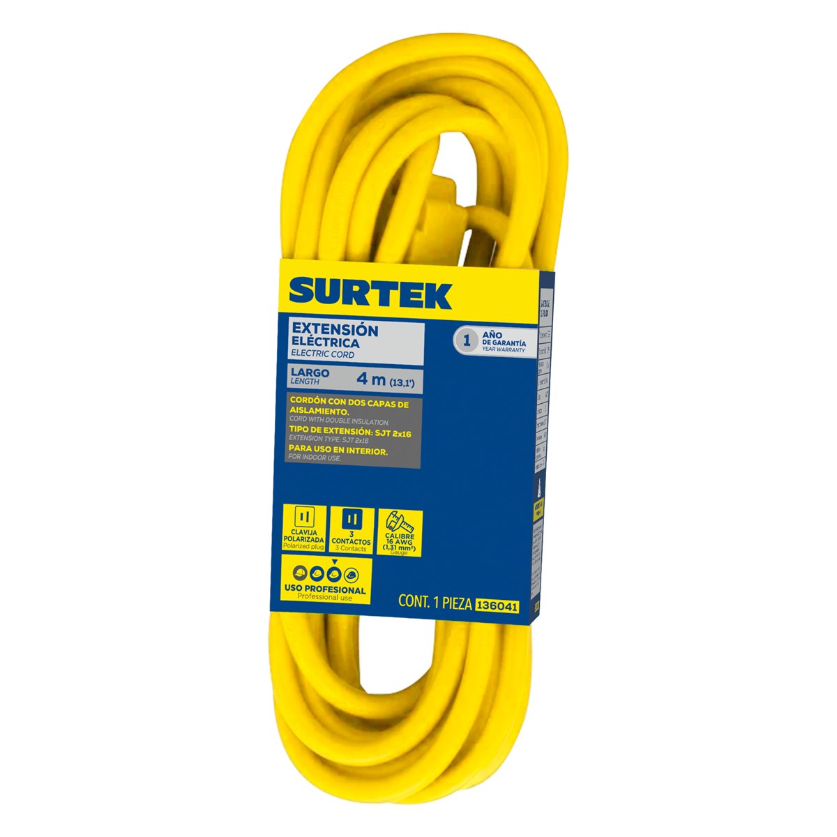 Extensión eléctrica uso rudo polarizada color amarillo, 4 m Surtek - Imagen 2
