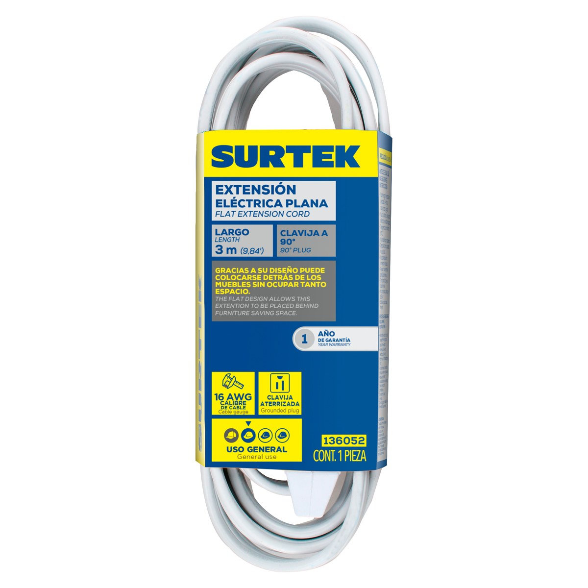 Extensión eléctrica plana aterrizada color blanco, 3 m Surtek - Imagen 2