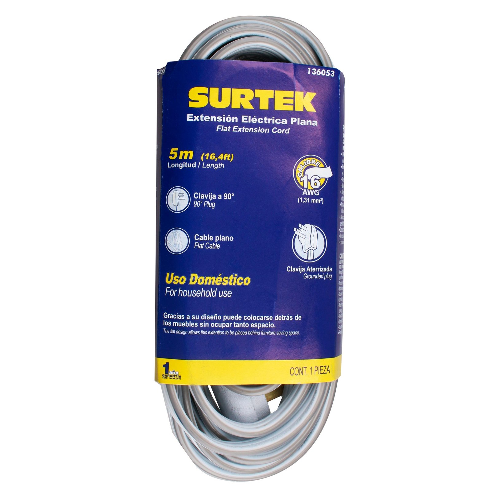 Extensión eléctrica plana aterrizada color blanco, 5 m Surtek - Imagen 2