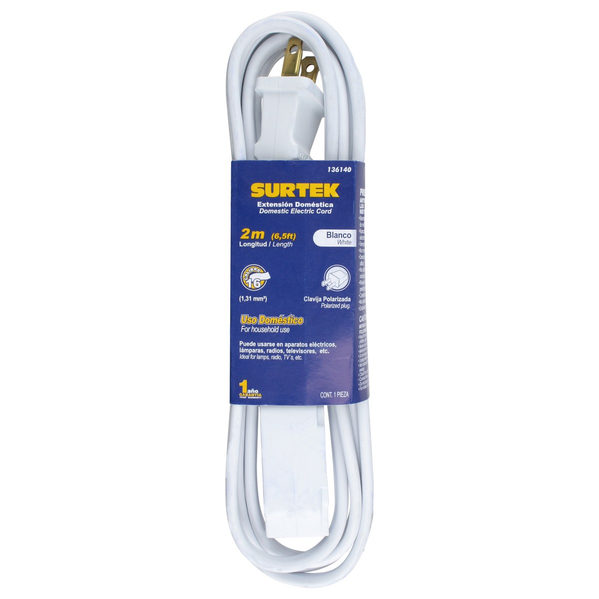 Extensión eléctrica doméstica color blanco, 2 m Surtek - Imagen 2