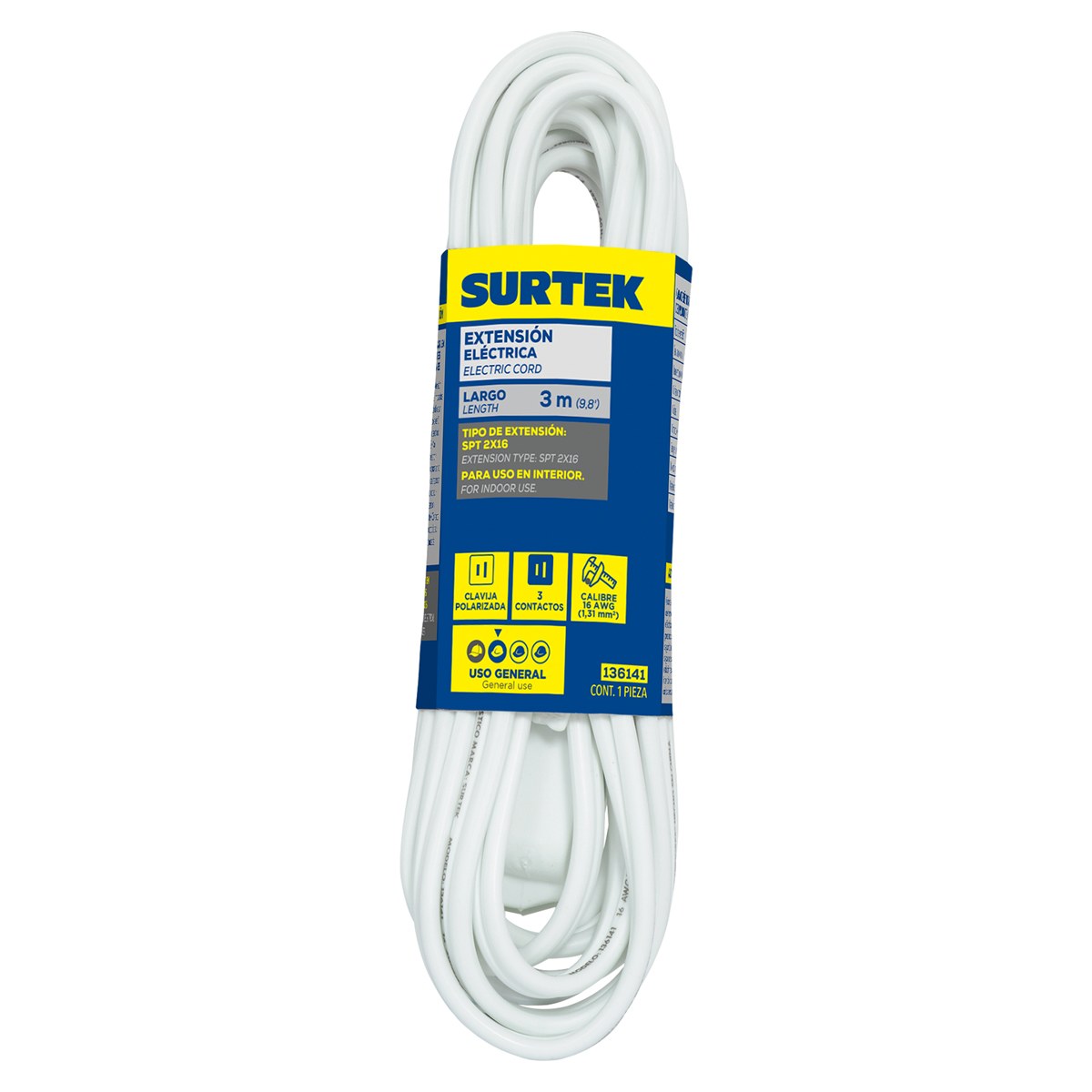 Extensión eléctrica doméstica color blanco, 3 m Surtek - Imagen 2
