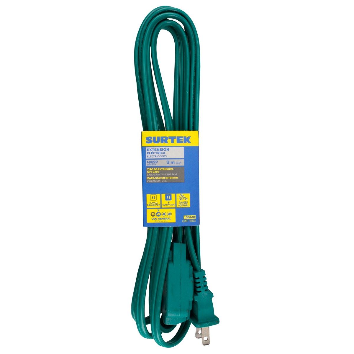 Extensión eléctrica doméstica color verde, 3 m Surtek - Imagen 3
