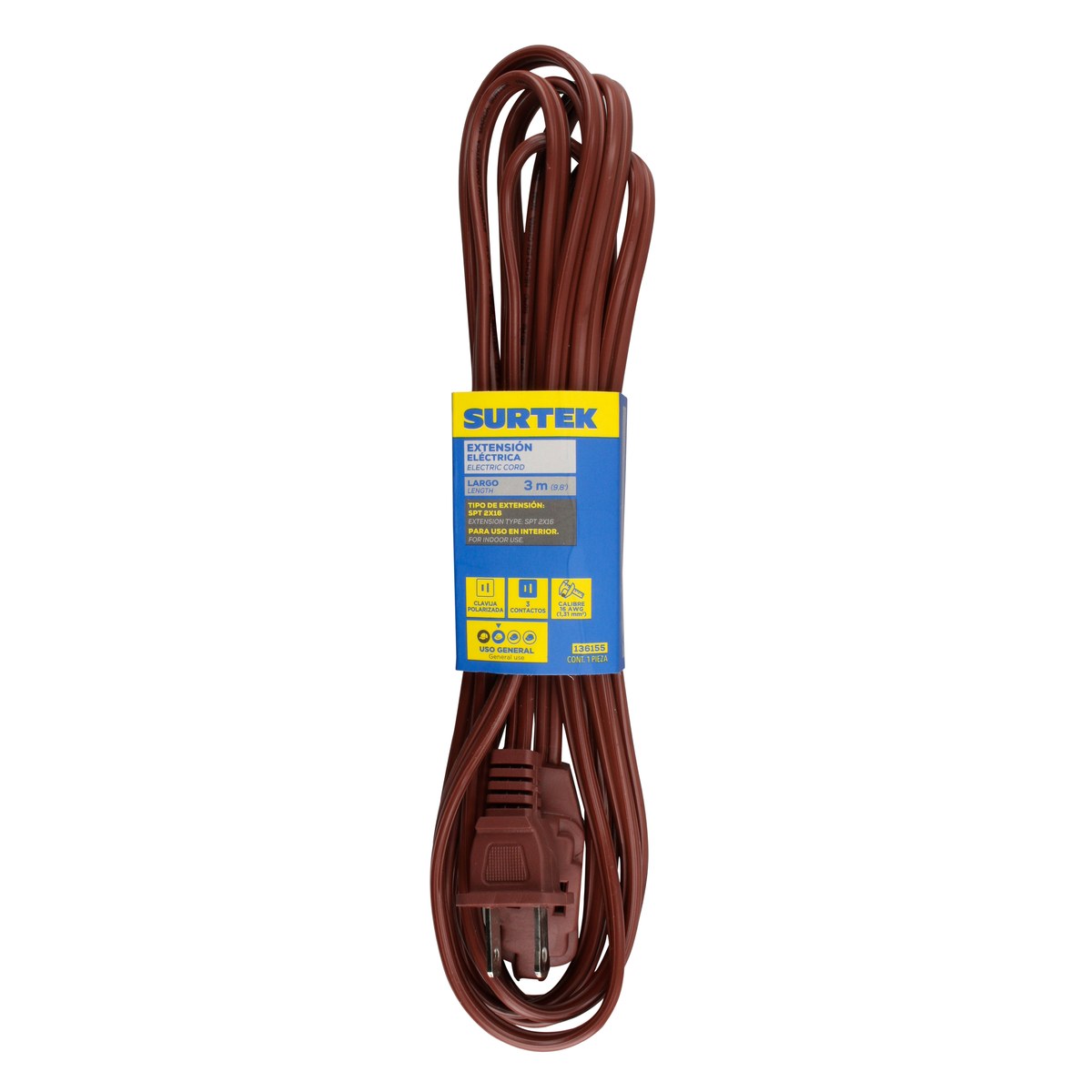 Extensión eléctrica doméstica color café, 3 m Surtek - Imagen 3