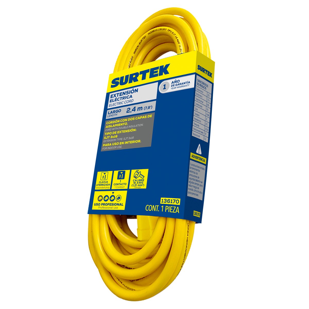 Extensión eléctrica uso rudo aterrizada color amarillo, 2.4 m Surtek - Imagen 2