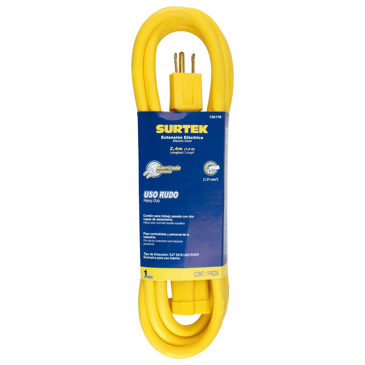 Extensión eléctrica uso rudo aterrizada color amarillo, 2.4 m Surtek - Imagen 3