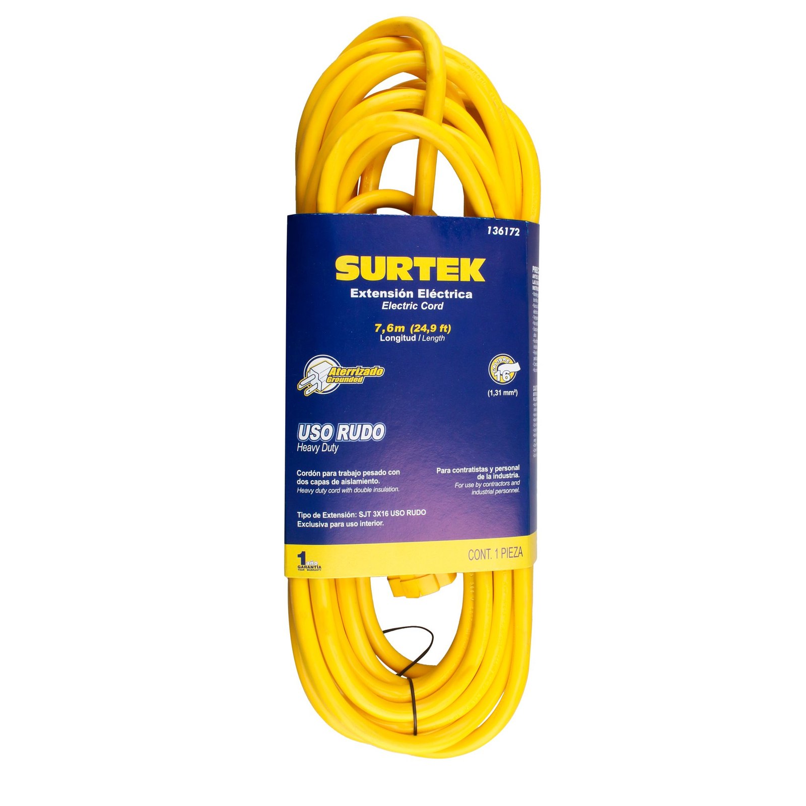 Extension eléctrica uso rudo aterrizada color amarillo, 7.6 m Surtek - Imagen 2
