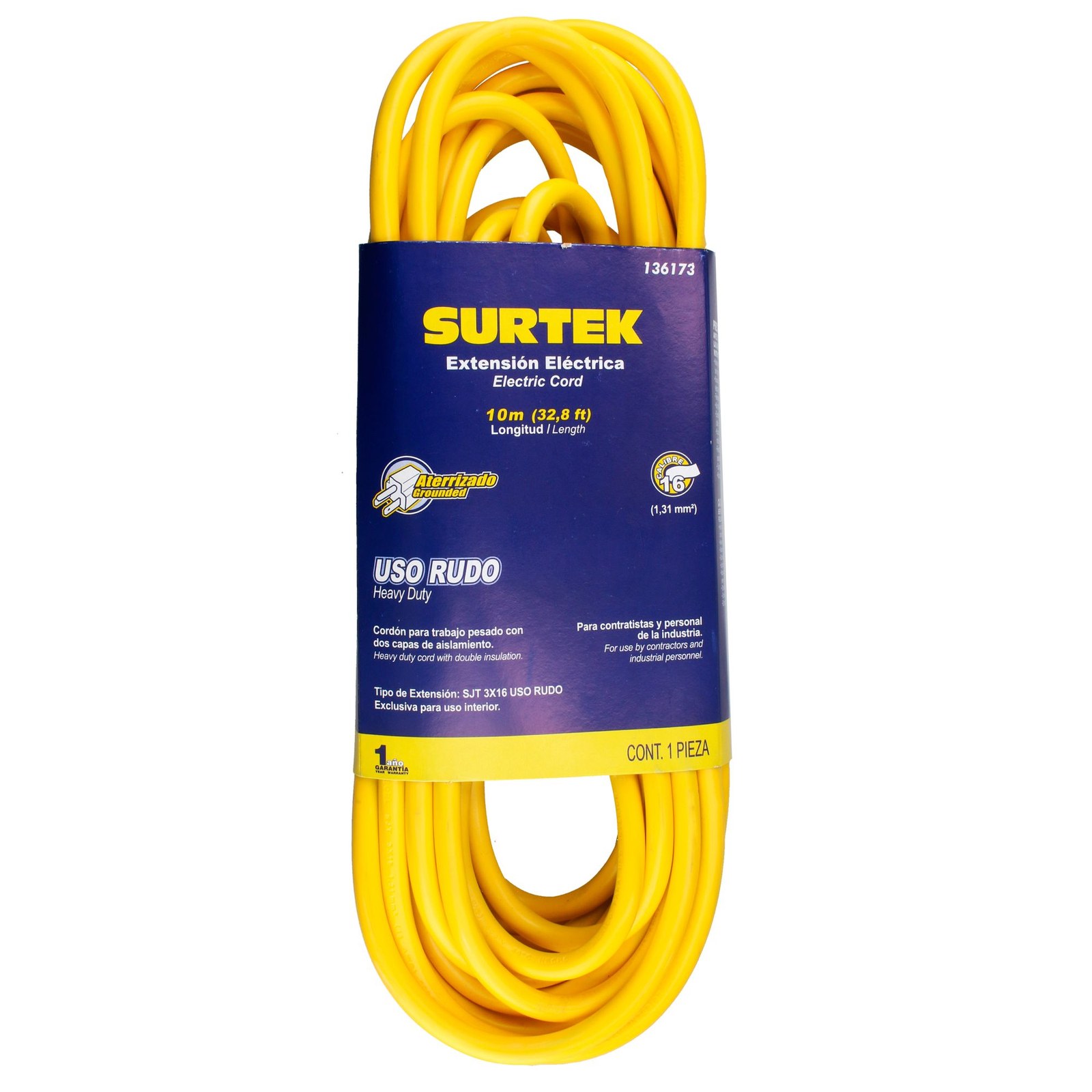 Extensión eléctrica uso rudo aterrizada color amarillo, 10 m Surtek - Imagen 2