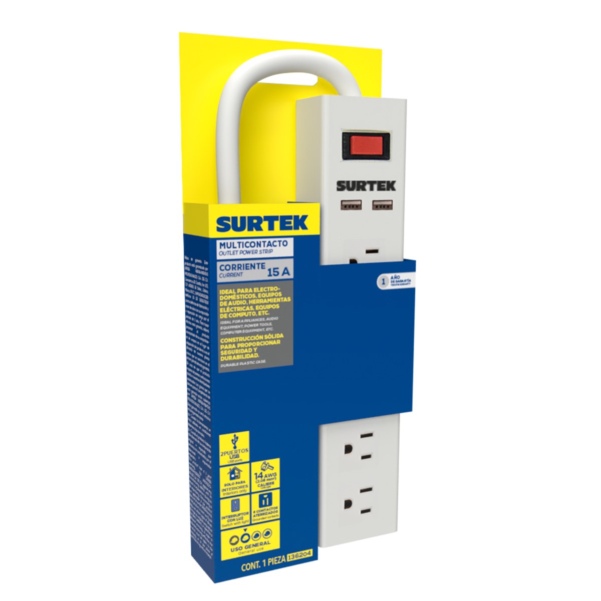 Multicontacto de barra 6 entradas 2 USB cable 50 cm Surtek - Imagen 2
