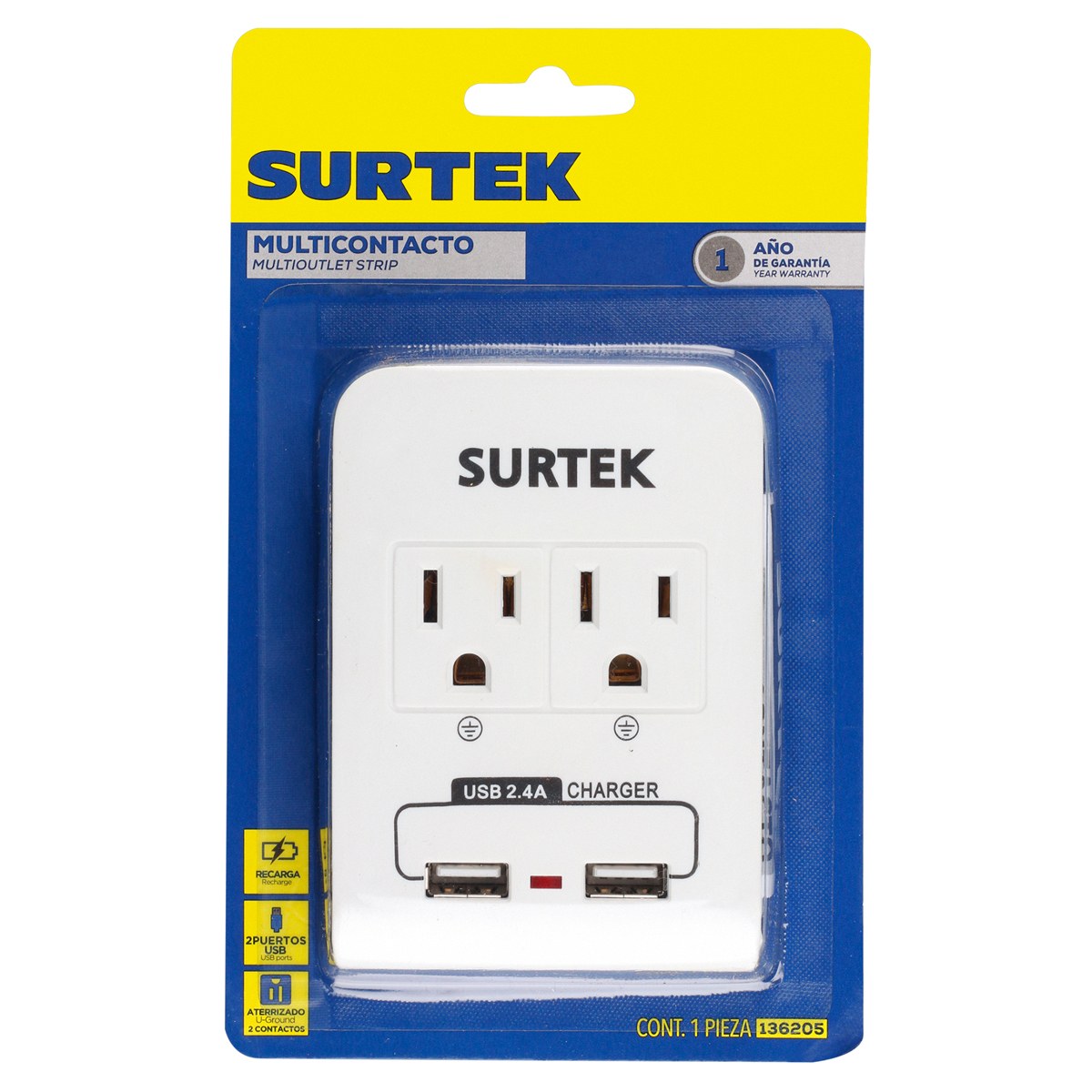Multicontacto de barra 2 entradas 2 USB Surtek - Imagen 3
