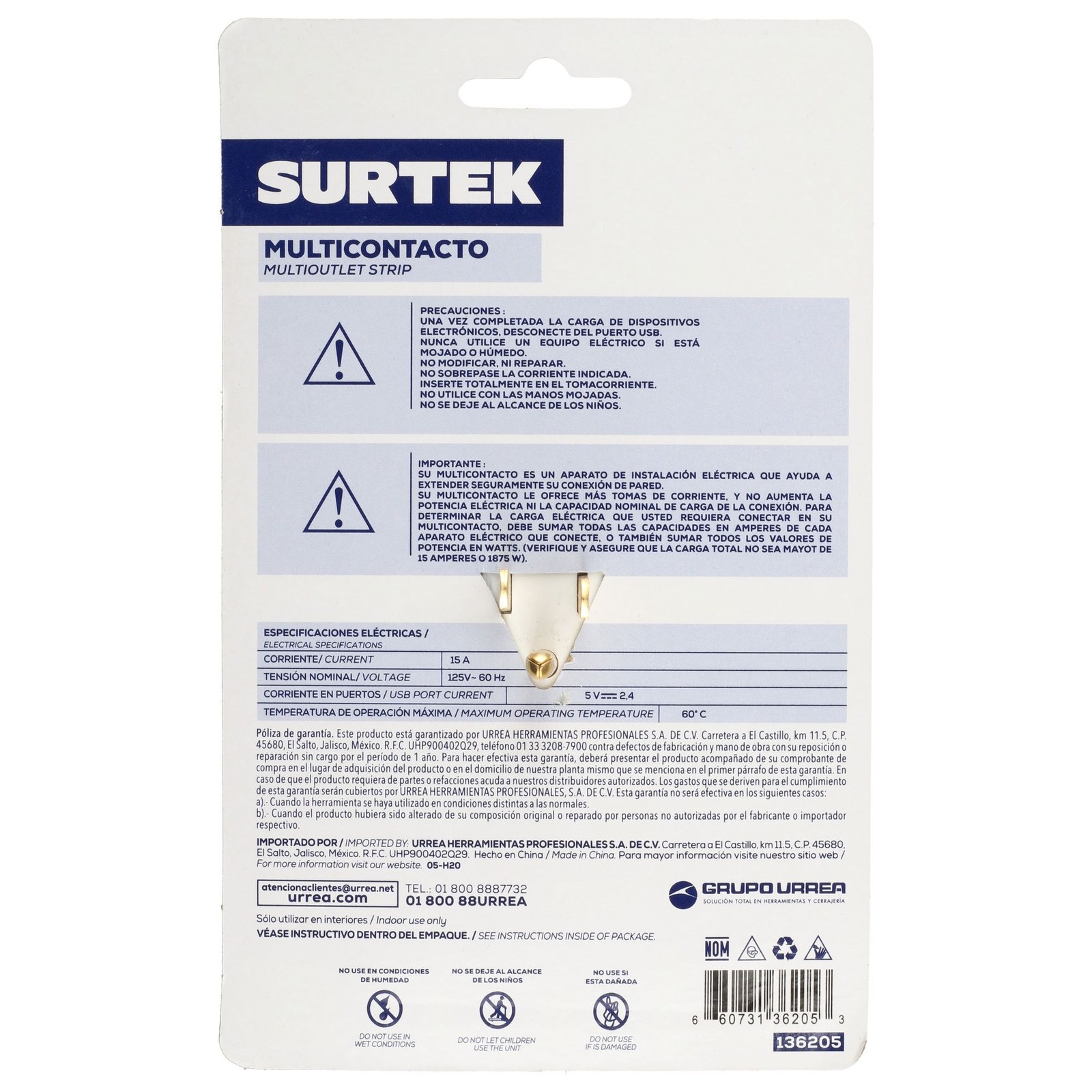 Multicontacto de barra 2 entradas 2 USB Surtek - Imagen 4