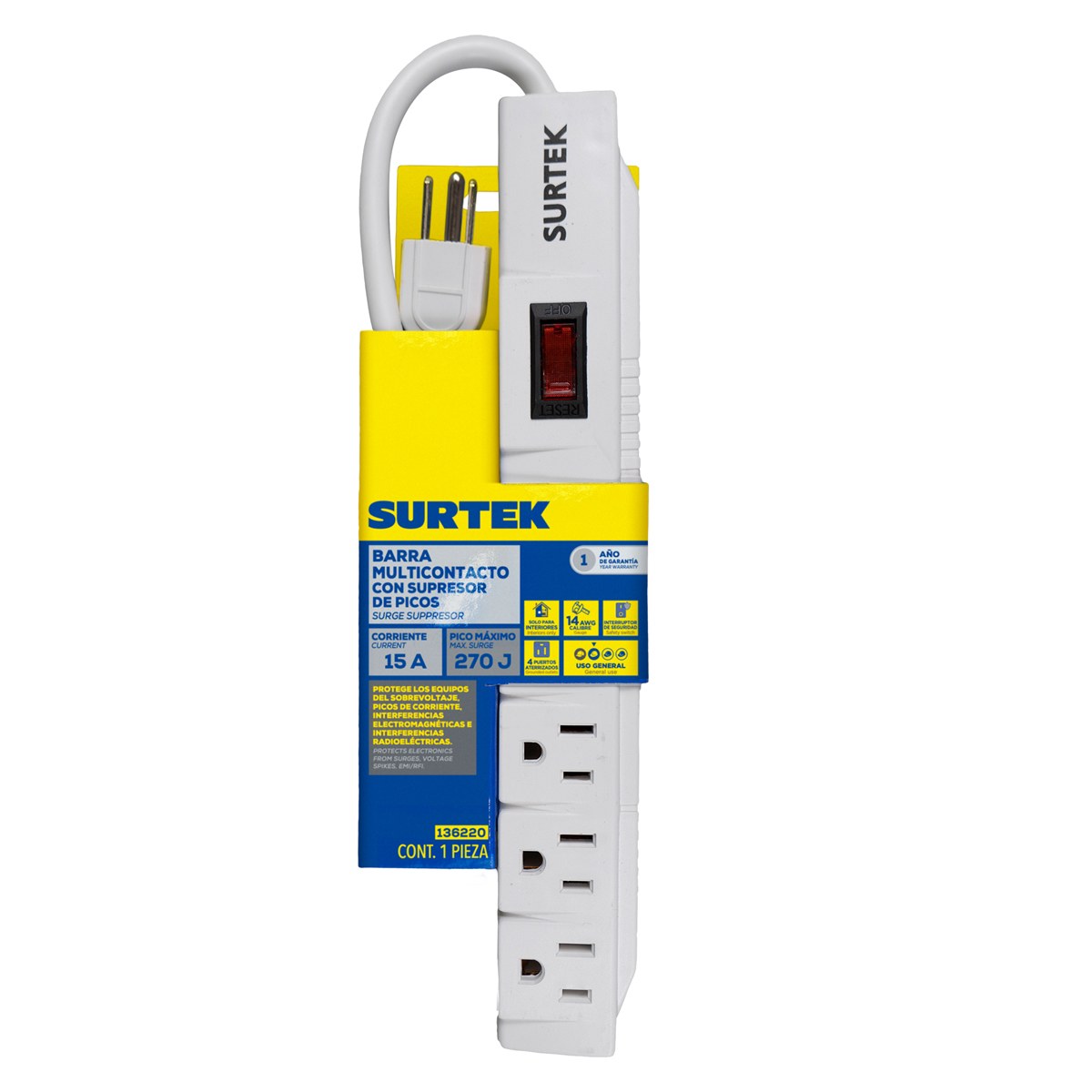 Supresor de picos 6 entradas cable 270 J, de 45 cm Surtek - Imagen 2