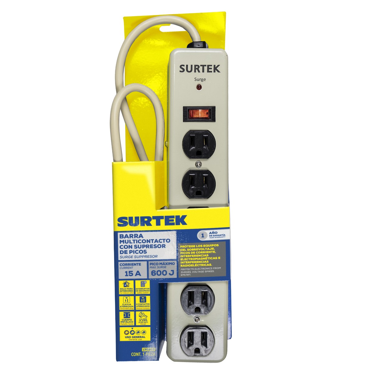 Supresor de picos metálico 6 entradas cable 600 J, de 75 cm Surtek - Imagen 2