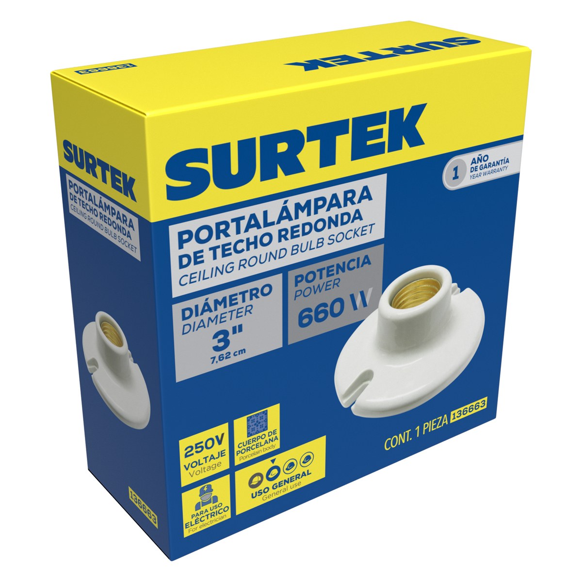 Portalámpara redonda de porcelana para techo 3", color blanco Surtek - Imagen 2