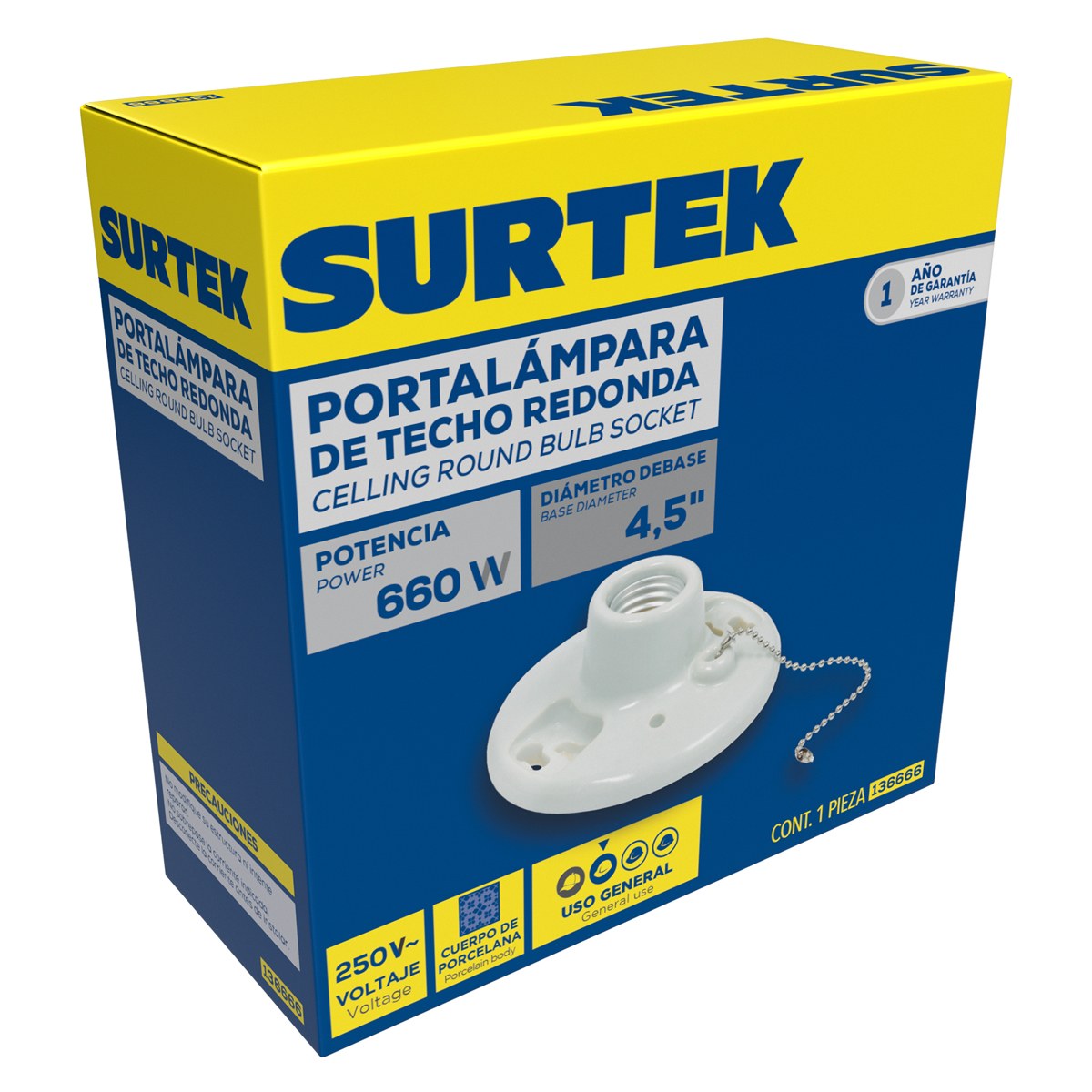 Portalámpara sencilla redonda de porcelana con cadena para techo 4.5", color blanco Surtek - Imagen 2