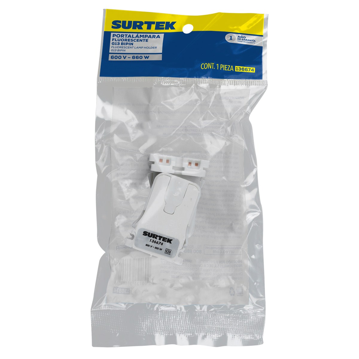 Portalámpara base G13 BIPIN, 2 piezas, color blanco Surtek - Imagen 2