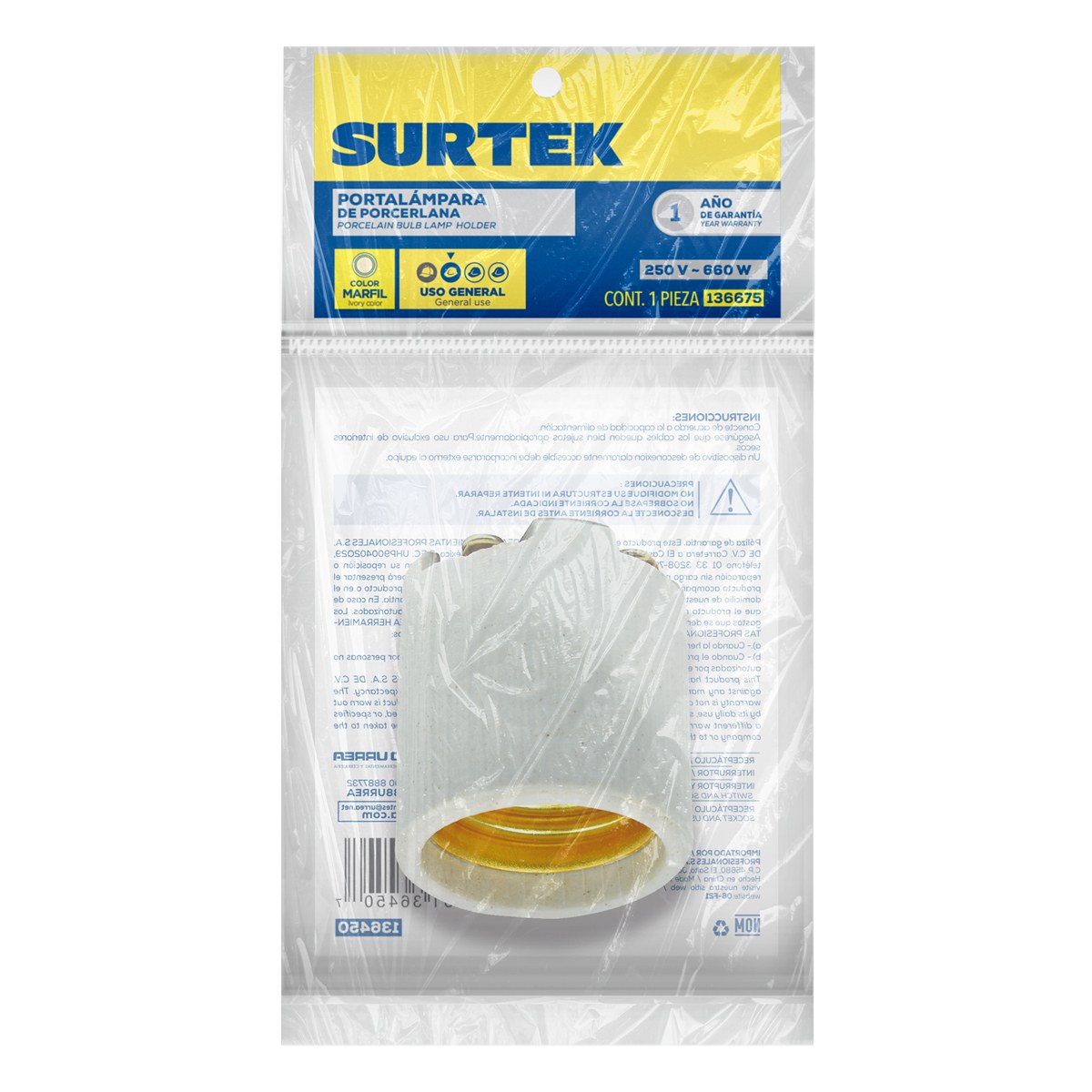 Portalámpara sencilla de porcelana 3.5 cm, color blanco Surtek - Imagen 2