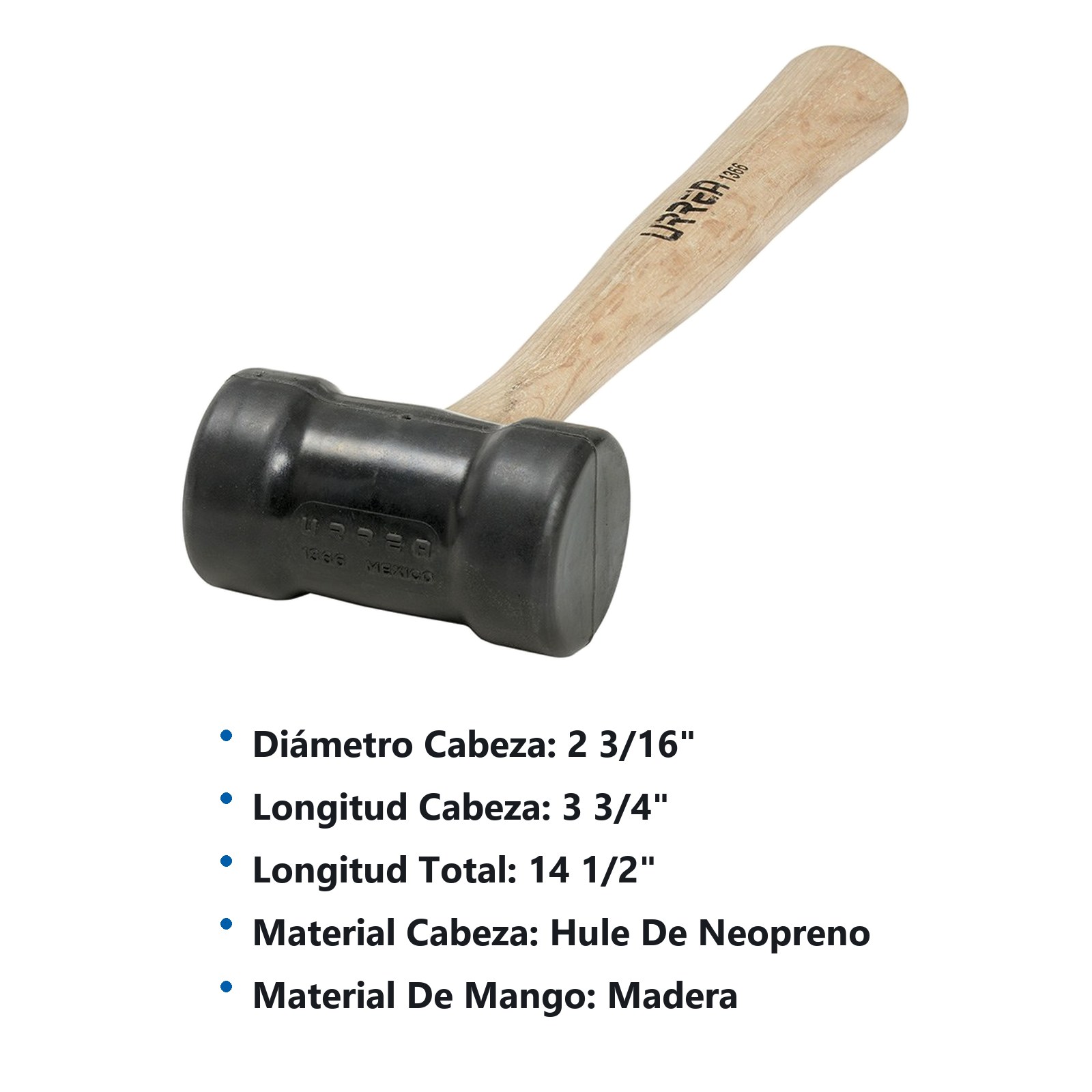 Mazo con cabeza de hule negro con mango de madera de encino de 14", 16 oz Urrea - Imagen 2