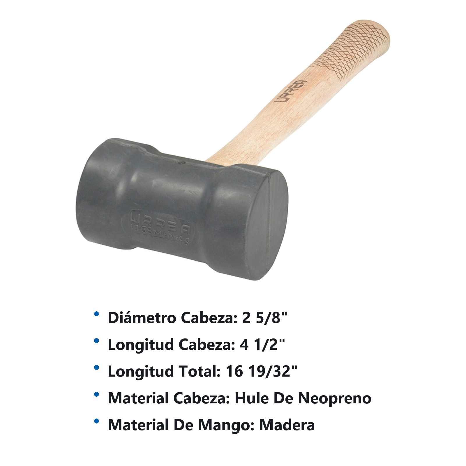 Mazo con cabeza de hule negro  con mango de madera de encino de 16", 22 oz Urrea - Imagen 2
