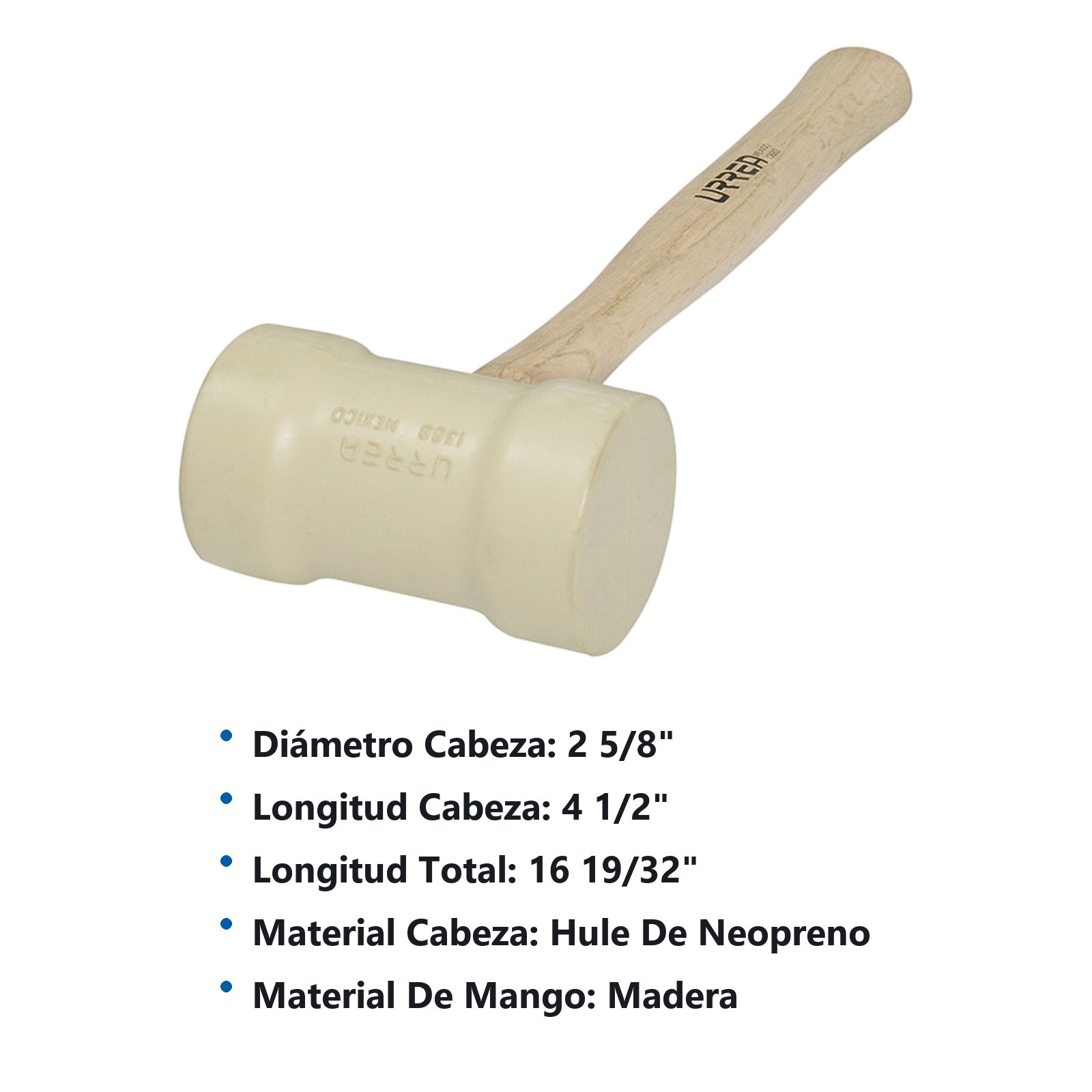 Mazo con cabeza de hule beige con mango de madera de encino de 16", 22 oz Urrea - Imagen 2
