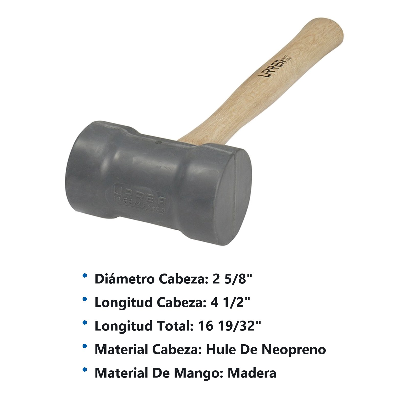 Mazo con cabeza de hule gris con mango de madera de encino de 16", 22 oz Urrea - Imagen 2