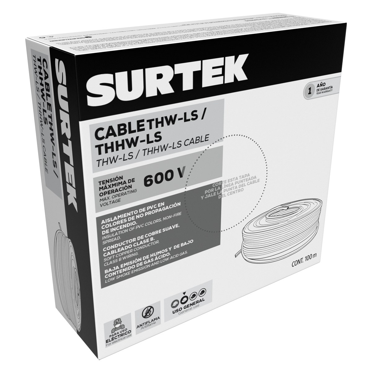 Cable eléctrico THW calibre 8, 100 m color negro Surtek - Imagen 2