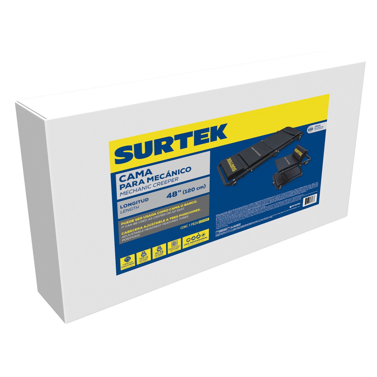 Cama-banco para mecánico ajustable acolchonada, 48" Surtek - Imagen 2